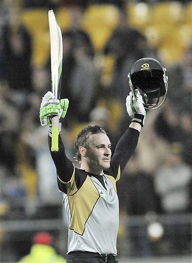Brendon McCullum celebrates after hitting the winning run to defeat India in the second Twenty20 International at Westpac Stadium in Wellington on February 27, 2009. (AP Photo) India vs New Zealand: 2nd T20