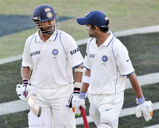 Sachin Tendulkar (58*) and Gautam Gambhir (102*) leave the field at the end of play during the 4th day of the 2nd Test at McLean Park in Napier against New Zealand on Sunday. (AP Photo) India vs NZ: 2nd Test, Day 4