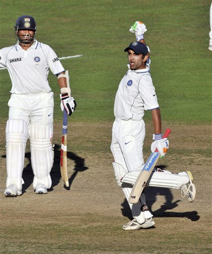 Gautam Gambhir celebrates his century with teammate Sachin Tendulkar against New Zealand during the 4th day of the 2nd Test at McLean Park in Napier on Sunday. (AP Photo) India vs NZ: 2nd Test, Day 4
