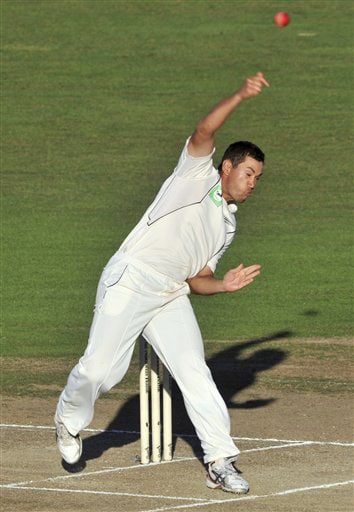 Ross Taylor bowls the last over of the day against India during the 4th day of the 2nd Test at McLean Park in Napier on Sunday. (AP Photo) India vs NZ: 2nd Test, Day 4