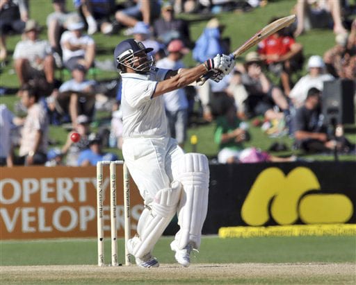 Sachin Tendulkar swings and misses during the 4th day of the 2nd Test at McLean Park in Napier against New Zealand on Sunday. (AP Photo) India vs NZ: 2nd Test, Day 4