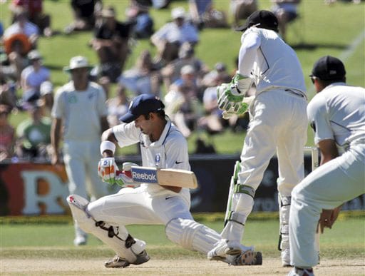 Gautam Gambhir plays forward against New Zealand during the 4th day of the 2nd Test at McLean Park in Napier on Sunday. (AP Photo) India vs NZ: 2nd Test, Day 4