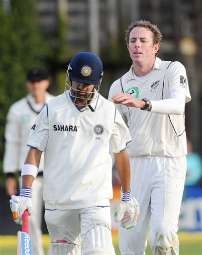 New Zealand's Iain O'Brien pats Gautam Gambhir on the shoulder after dismissing him lbw for 167 runs on the 3rd day of the 3rd Test at Basin Reserve in Wellington on Sunday. (AP Photo) India vs NZ: 3rd Test, Day 3