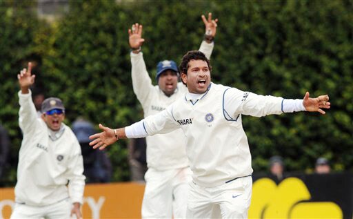 India's Sachin Tendulkar celebrates the wicket of New Zealand's James Franklin lbw for 49 on the 5th day of the 3rd Test at Basin Reserve in Wellington on Tuesday. (AP Photo) India vs NZ: 3rd Test, Day 5