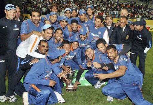 India celebrate their 3-1 ODI series win over New Zealand at Auckland on Saturday. (AP Photo) India win ODI series 3-1