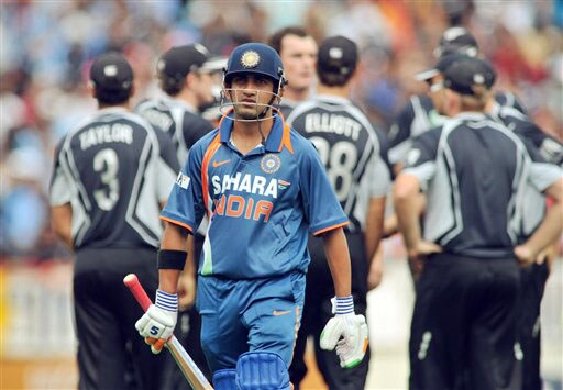 Gautam Gambhir out for 5 off the bowling of Kyle Mills in the 5th ODI match at Auckland on Saturday. (AP Photo) India win ODI series 3-1