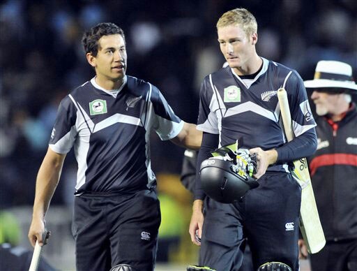 Ross Taylor and Martin Guptill celebrate their team's win over India in the 5th ODI match at Auckland on Saturday. (AP Photo) India win ODI series 3-1