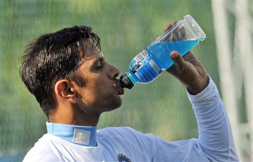 India's Rahul Dravid drinks after the Test players first net session prior to their forthcoming three Test series against New Zealand in Hamilton on Thursday. (AP Photo) India Test players at nets