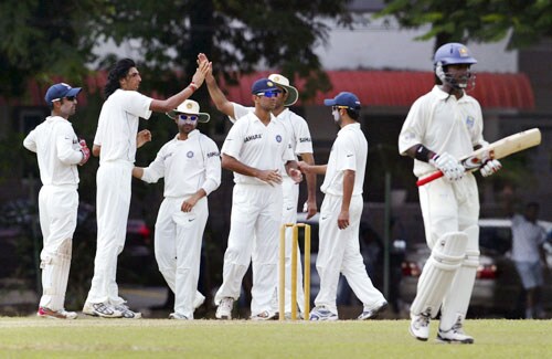 Indian cricketers congratulate their bowler Ishant Sharman for taking the wicket of Mahela Udawatta on the final day of a three day practice match between Sri Lanka A team and India in Colombo, Sri Lanka on July 20, 2008. India vs SLC XI, Day 3
