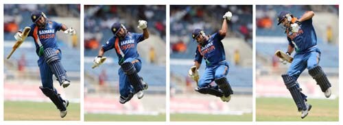 This combo picture shows Yuvraj Singh leaping in the air after scoring a century during the first ODI against the West Indies at the Sabina Park. (AFP Photo) 1st ODI: IND vs WI