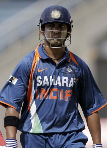 Gautam Gambhir reacts while walking off the pitch after being caught by Dwayne Bravo during their first ODI against the West Indies at Sabina Park. (AP Photo) 1st ODI: IND vs WI