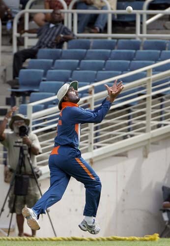 Harbhajan Singh gets set to take the catch off Chris Gayle to dismiss him their first ODI aginst West Indies at Sabina Park. (AP Photo) 1st ODI: IND vs WI