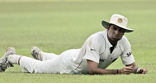 VVS Laxman looks on after diving unsuccessfully for a catch off Malinda Warnapura during the second day of the first Test match in Colombo, Sri Lanka on July 24, 2008. India vs SL, 1st Test, Day 2