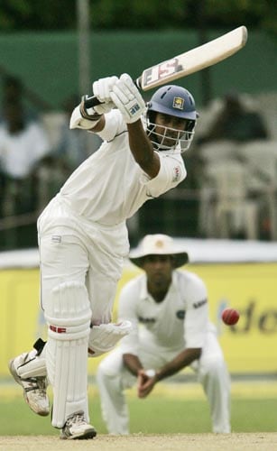 Sri Lanka's Malinda Warnapura drives against India on Day 1 of the first Test at the SSC Stadium on Wednesday. India vs SL, 1st Test, Day 1