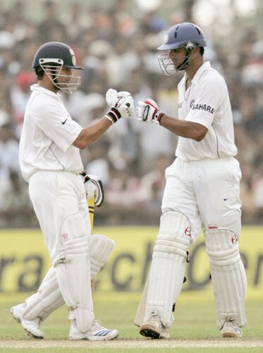 Sachin Tendulkar and Rahul Dravid congratulate each other during the third day of the second Test between India and Sri Lanka in Galle on August 2, 2008. 2nd Test, Day 3: India vs SL