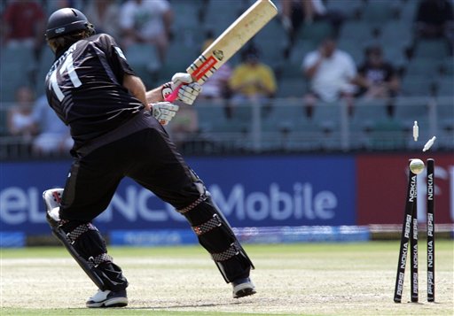 New Zealand's captain Daniel Vettori, is bowled by India's bowler RP Singh, unseen, for 15 runs during their Super Eight's Twenty20 World Championship cricket match against India at the Wanderers Stadium in Johannesburg, South Africa, Sunday, Sept. 16, 2007. India vs New Zealand