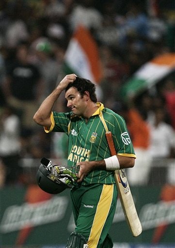 South Africa's Justin Kemp leaves the ground after his dismissal against India during their Twenty20 World Championship Cricket match, in Durban, South Africa, Thursday, Sept. 20, 2007. India vs South Africa