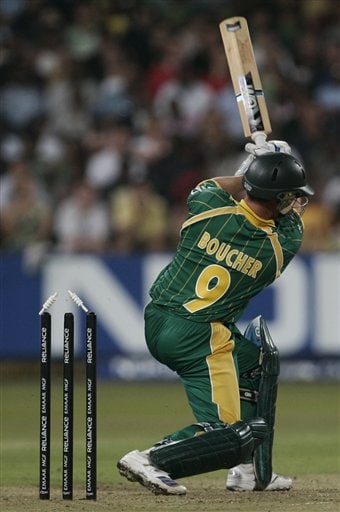 South Africa's Mark Boucher is bowled by India's Shanthakumaran Sreesanth during their Twenty20 World Championship Cricket match in Durban, South Africa, Thursday, Sept. 20, 2007. India vs South Africa
