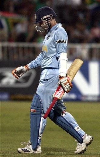 India's Virendar Sehwag leaves the ground after his dismissal by South Africa's Makhaya Ntini during their Twenty20 World Championship Cricket match in Durban, South Africa, Thursday, Sept. 20, 2007. India vs South Africa