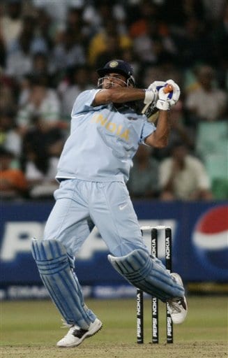 India's Mahendra Singh Dhoni plays a shot against South Africa during their Twenty20 World Championship Cricket match in Durban, South Africa, Thursday, Sept. 20, 2007. India vs South Africa