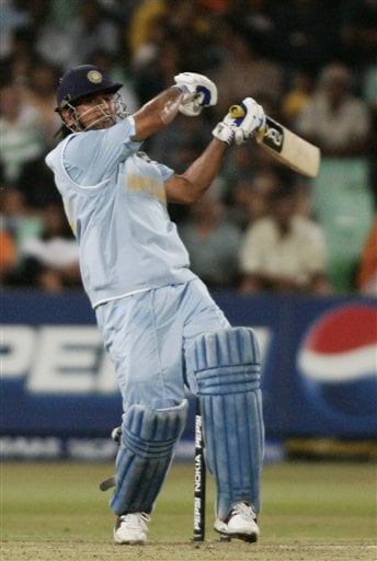 India's Mahendra Singh Dhoni plays a shot against South Africa during their Twenty20 World Championship Cricket match in Durban, South Africa, Thursday, Sept. 20, 2007. India vs South Africa