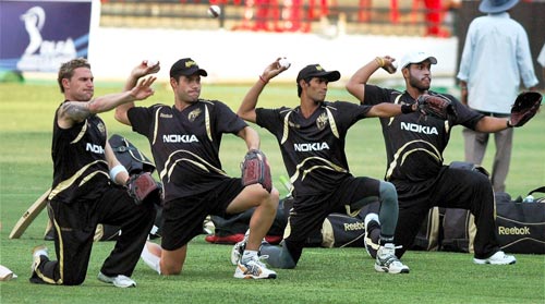 Kolkata Knight Riders players during a practice session, a day before the start of the DLF IPL T20 championship at Chinnaswamy stadium in Bangalore on Thursday. (PTI Photo) Kolkata Knight Riders at nets