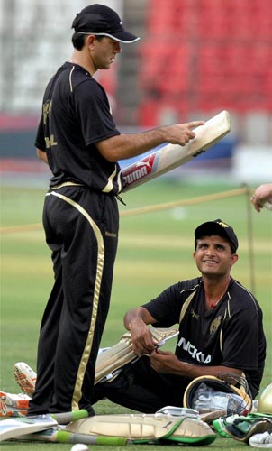 Sourav Ganguly with team-mate Ricky Ponting during a practice session, a day before the start of the DLF IPL T20 championship in Bangalore on Thursday. (PTI Photo) Kolkata Knight Riders at nets
