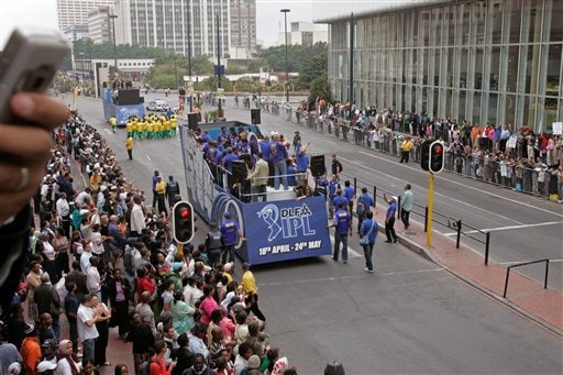 The Rajasthan Royals cricket team bus seen during a parade through the streets of Cape Town ahead of the Indian Premier League Twenty20 cricket matches to be held over the weekend in Cape Town. (AP Photo) IPL-II caravan rolls out in SA