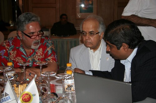 Vijay Mallya and the Royal Challengers in consultation at the IPL players auction at Goa.