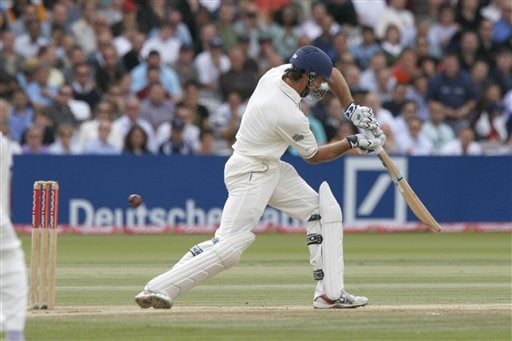England's Michael Vaughan misses a ball from India's R.P. Singh and is bowled out during the fourth day of the first Test Match at Lord's cricket ground, London on Sunday. India vs England, 1st Test - Day 4