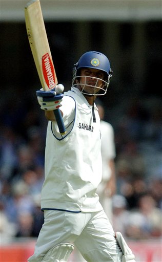 India's Rahul Dravid celebrates his half century during the first day of the Third Test Match at The Oval in London on Thursday. India vs England, 3rd Test - Day 1