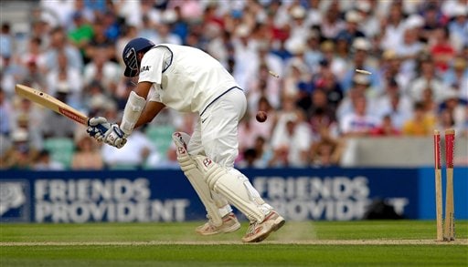 India's Rahul Dravid is bowled off James Anderson's bowling during the first day of the Third Test Match at The Oval in London on Thursday. India vs England, 3rd Test - Day 1