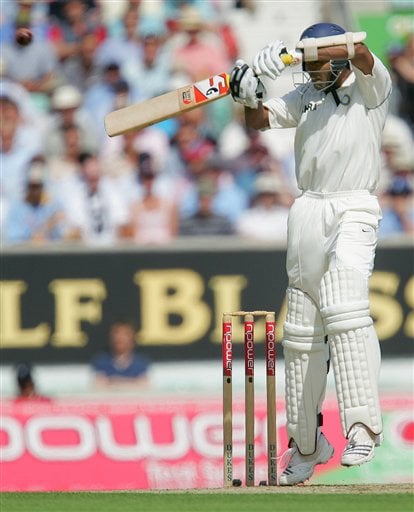 India's Wasim Jaffer hits six runs off the bowling of England's James Anderson during the first days play at the third cricket test at the Oval cricket ground in London on Thursday. India vs England, 3rd Test - Day 1