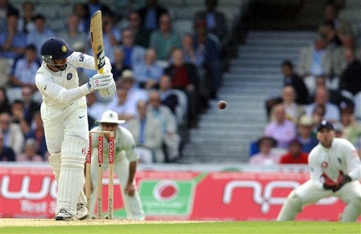 India's Dinesh Karthik hits off the bowling of England's Ryan Sidebottom during the first day of the Third Test Match at The Oval in London on Thursday. India vs England, 3rd Test - Day 1