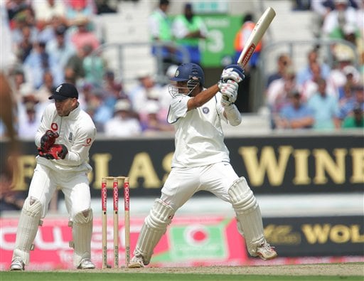 India's Rahul Dravid hits two runs off the bowling of England's Monty Panesar, during the first day's play in the third Test Match at the Oval in London on Thursday. India vs England, 3rd Test - Day 1