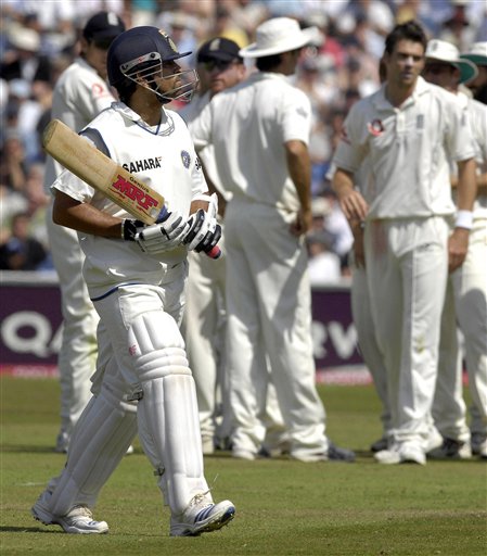 India's Sachin Tendulkar leaves for the pavilion after being caught off England's James Anderson, right, during the second day of the third cricket test match at The Oval, in London on Friday. India vs England, 3rd Test - Day 2