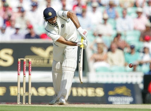 India's VVS Laxman hits four runs off England's James Anderson on the second da\ys play of the third cricket test at the Oval in London on Friday. India vs England, 3rd Test - Day 2