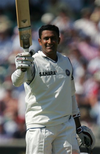 India's Anil Kumble celebrates getting 50 runs against England on the second day of the third cricket test at the Oval cricket ground in London on Friday. India vs England, 3rd Test - Day 2
