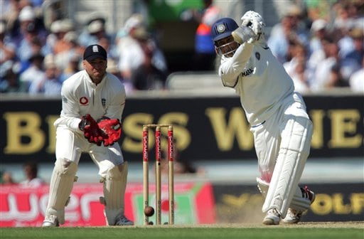 India's Anil Kumble, right, drives the ball as England's Matt Prior looks on, on the second day of the third cricket test at the Oval cricket ground in London on Friday. India vs England, 3rd Test - Day 2