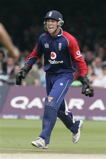 England's Matt Prior celebrates after stumping India's Piyush Chawla during the final one day international cricket match at Lords, London on Saturday. India vs England - 7th ODI