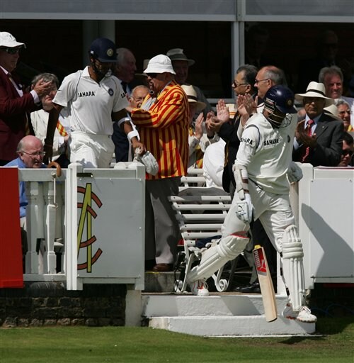 India's Sourav Ganguly, right, and RP Singh take to the field at the start of the third day of the first Test against England at Lord's cricket ground, London on Saturday. India vs England, 1st Test - Day 3