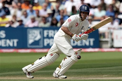 England's Andrew Strauss hits a ball from India's Zaheer Khan during the third day of the first Test at Lord's cricket ground, London on Saturday. India vs England, 1st Test - Day 3