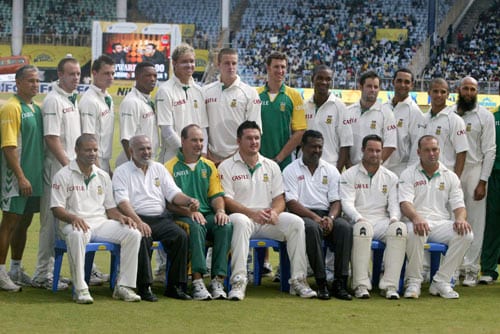 South African cricketers and officials pose for a group photograph on the third day of the first Test match of the Future Cup series in Chennai on Friday, March 28, 2008. South Africa scored 540 in first innings against India. Day 3: India vs SA, 1st Test