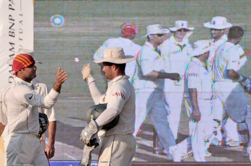 South Africa's wicketkeeper Mark Boucher, right, congratulates Virender Sehwag for scoring a triple century on the third day of the first Test match of the Future Cup series in Chennai on Friday, March 28, 2008. South Africa scored 540 in the first innings against India. Day 3: India vs SA, 1st Test