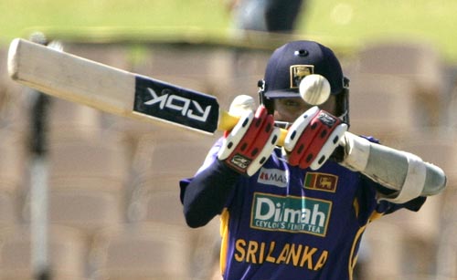 Captain Mahela Jayawardene leads the fightback, along with Kumar Sangakkara. Here he hooks one away during his innings of 71. 8th match - India vs Sri Lanka