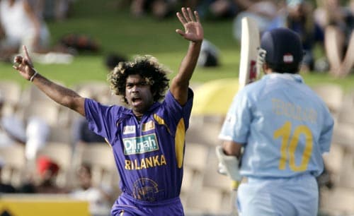 Lasith Malinga deals India a big blow, striking with his first ball of the match. He bowled out Sachin Tendulkar for a duck. 8th match - India vs Sri Lanka