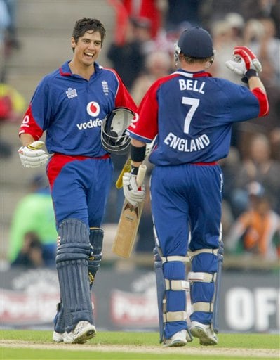England's Alastair Cook, left, celebrates after making his maiden one-day cricket century with his teammate Ian Bell who also went on to make his own maiden one-day cricket century during the one-day cricket match between England and India at The Rose Bowl cricket ground in Southampton, England, Tuesday, Aug. 21, 2007. Ind v Eng, 1st ODI