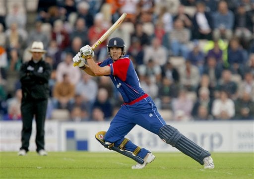 England's Alastair Cook hits a shot en route to making his maiden one-day cricket century during the one-day cricket match between England and India at The Rose Bowl cricket ground in Southampton, England, Tuesday, Aug. 21, 2007. Ind v Eng, 1st ODI
