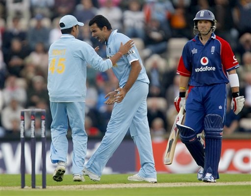 Zaheer Khan, center, celebrates with Rohit Sharma, left, after taking the wicket of England's Matthew Prior, right, during the one-day cricket match between England and India at The Rose Bowl cricket ground in Southampton, England, Tuesday, Aug. 21, 2007. Ind v Eng, 1st ODI