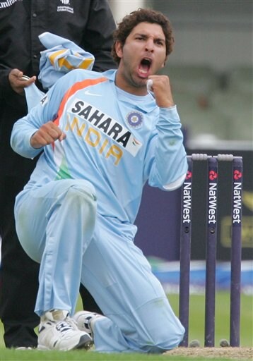 India's Yuvraj Singh celebrates after claiming the wicket of England's Owais Shah during their one day international cricket match at Edgbaston, Birmingham, England on Monday. India vs England - 3rd ODI